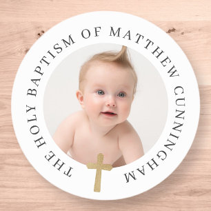 Adesivo Menino Batismo  Foto personalizada e Cruz Dourada 