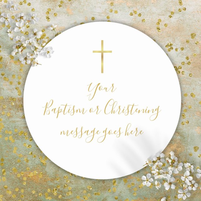 Adesivo Mensagem de Natal de Batismo Cruzado Dourado Simpl (Simple Gold Cross Baptism Christening Message Classic Round Sticker)