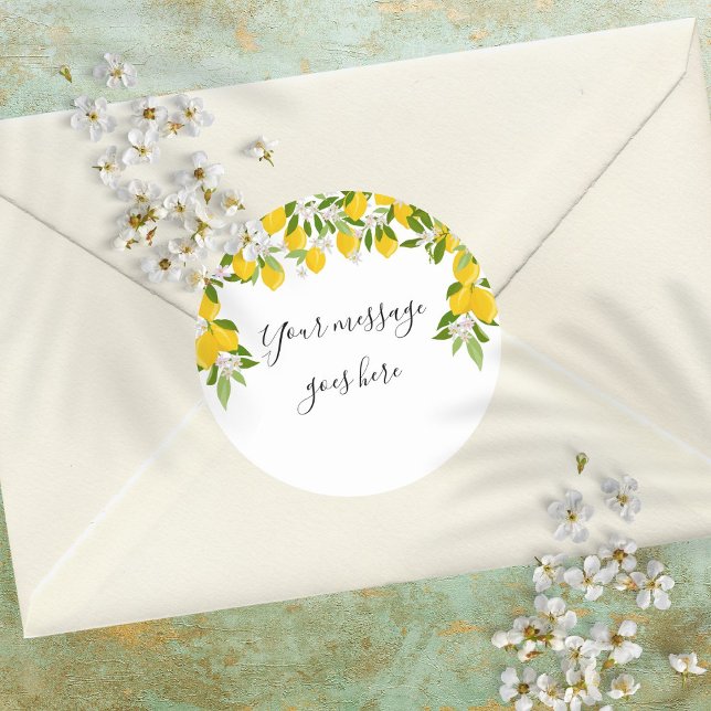 Adesivo Mensagem de Script Elegante Limões Florescem Verde (Elegant Script Message Lemons Blossom Greenery Classic Round Sticker)