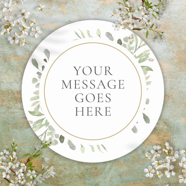 Adesivo Mensagem Personalizada Folhas de Aquarela Verde Ca (Custom Message Watercolor Leaves Greenery Wedding Classic Round Sticker)