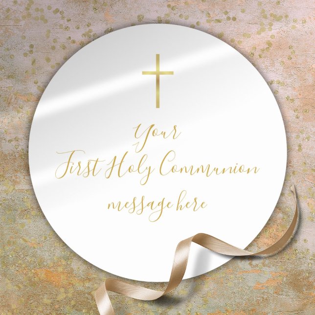 Adesivo Mensagem Simples de Santa Sé da Cruz Dourada (Simple Gold Cross First Holy Communion Message Classic Round Sticker)