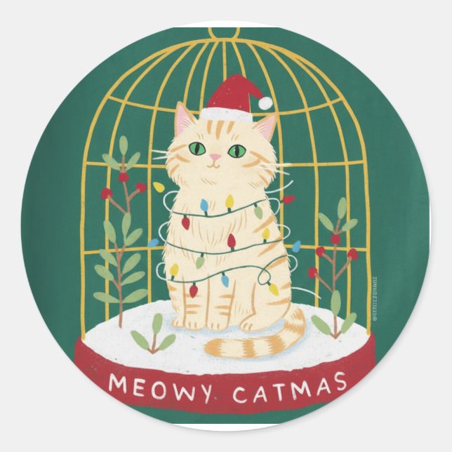Adesivo Meowy Catmas Ginger Cat in Cage Snow Globe (Frente)