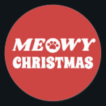 Adesivo Meowy Christmas<br><div class="desc">Estes adesivos exibem o texto "MEOWY CHRISTMAS" em letra branca, sobre um fundo vermelho. O "O" no MEOWY é substituído por uma impressão de pata bonita. Este é um produto excelente para amantes de gatos, donos de animais de estimação, voluntários de abrigos de animais, veterinários, técnicos de vet, e muito...</div>