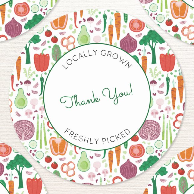 Adesivo Mercado De Agricultores Cultivado Localmente Obrig (Farmers market locally grown freshly picked vegetable patterned thank you stickers )