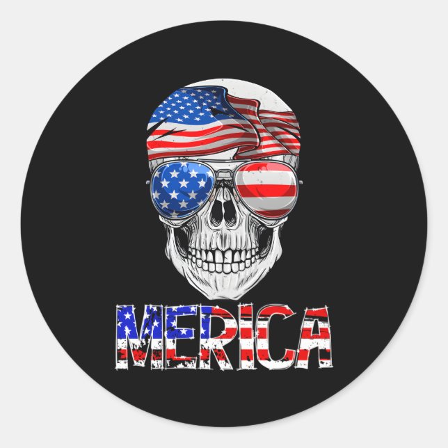 Adesivo Merica Skull, 4 De Julho, Patriótica Americana (Frente)