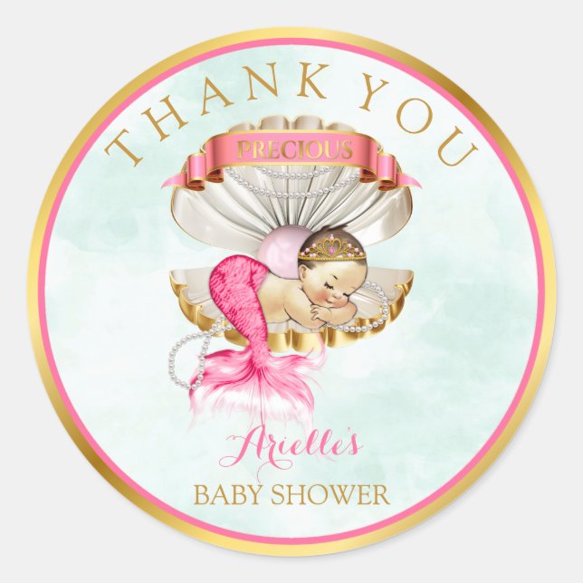 Adesivo Mermaid Baby Clam Shell Tiara Pearls Dourado Rosa (Frente)