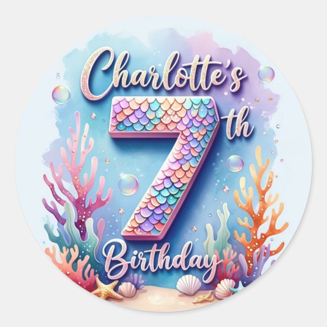 Adesivo Mermaid Birthday Party Sticker – Custom Name & Age (Frente)