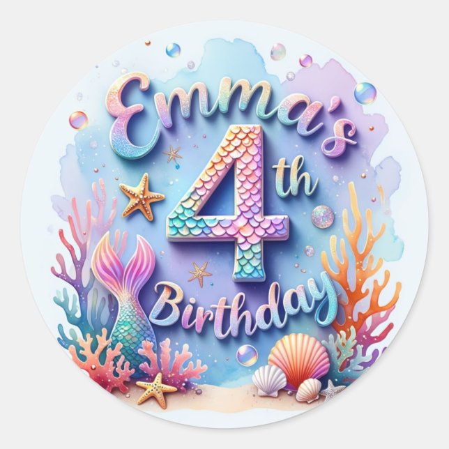 Adesivo Mermaid Birthday Party Sticker Emma - 4th Birthday (Frente)