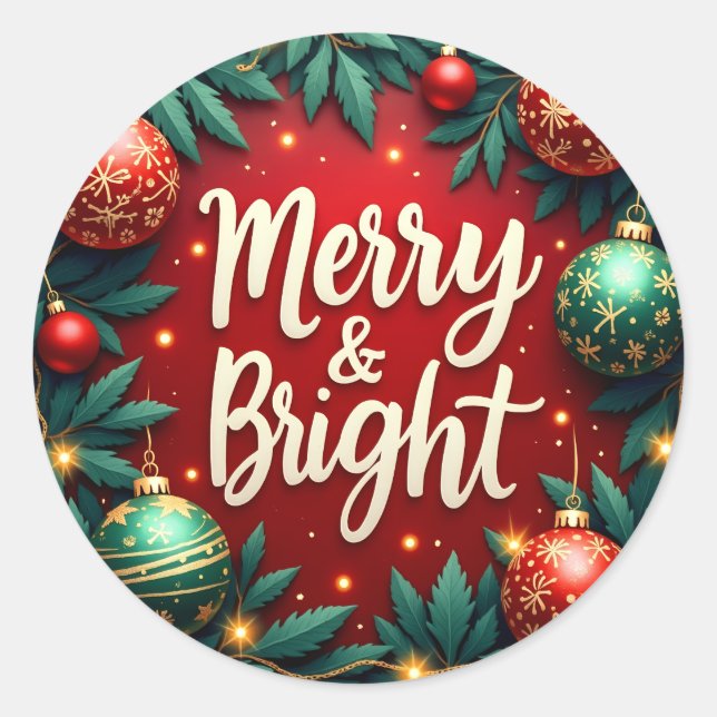 Adesivo Merry & Bright Christmas Classic Round Sticker (Frente)
