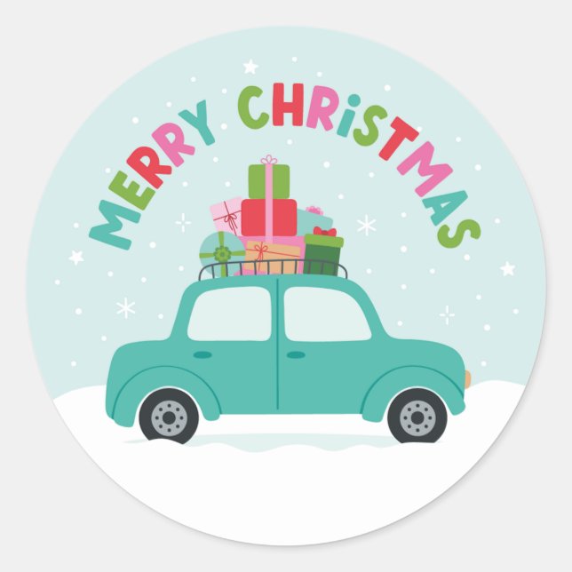 Adesivo Merry Christmas Car with Gifts in Aqua Blue (Frente)