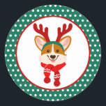 Adesivo Merry Christmas Corgi Dog Sticker<br><div class="desc">Cachorro Corgi bonito em galhadas e cachecol de inverno de Natal.</div>