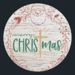 Adesivo Merry Christmas Cross Round Sticker<br><div class="desc">Feliz palito de Natal Este adesivo redondo rústico combina Papais noeis e uma cruz, com textura de madeira e coroa festiva. Perfeito por adicionar um toque único e inspirado na fé aos seus presentes de Natal, cartas e decoração de férias. Ideal para aqueles que buscam uma mistura de tradição e...</div>