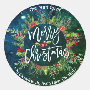 Adesivo Merry Christmas Holly Wreath Return Endereço Label