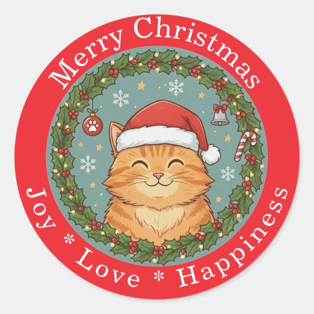 Adesivo Merry Christmas Joy Love Happiness Cute Cat  (Frente)