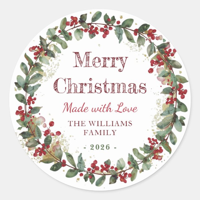 Adesivo Merry Christmas Made with Love | Rustic Watercolor (Frente)