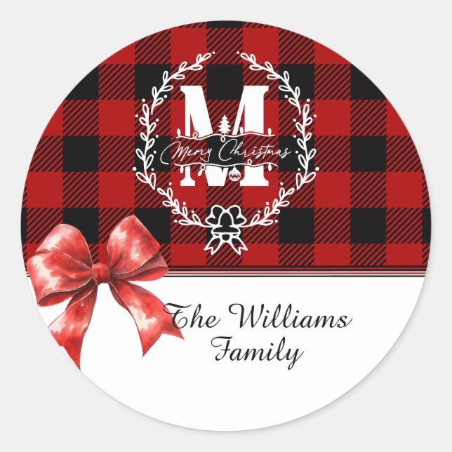 Adesivo Merry Christmas Monogram Wreath Buffalo Plaid (Frente)