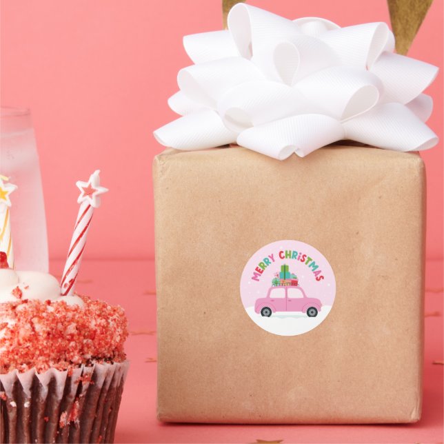 Adesivo Merry Christmas Pink Car with Gifts in Pastel Pink (Festa)