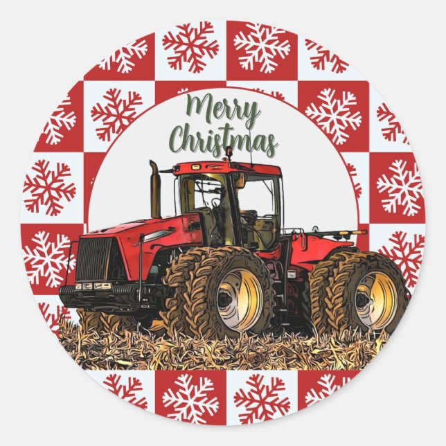 Adesivo Merry Christmas Red Tractor Farm Holiday Snowflake (Frente)
