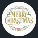 Adesivo Merry Christmas Reindeer Holly Berries<br><div class="desc">Apresentando uma elegante design de Feliz Natal. Projetado por Thisnotme©</div>