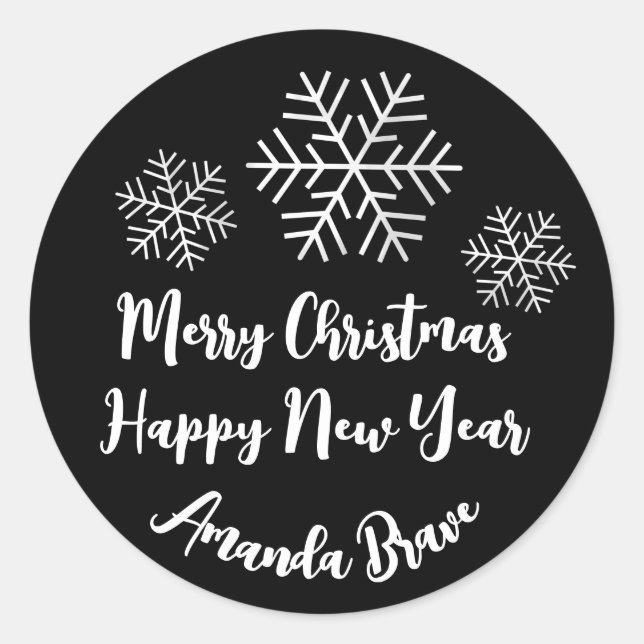 Adesivo Merry Christmas Script Name Snowflakes White Blac (Frente)