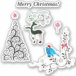 Adesivo Merry Christmas Sticker<br><div class="desc">Arte original,  Feliz Natal! Tampa amovível do Papai noel no pássaro. Texto personalizável. * Garrafas de água decorada,  laptop,  livros,  etc. Tamanho menor.</div>