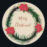 Adesivo Merry Christmas Sticker<br><div class="desc">Vestido de Natal com Poinsettia,  flores de Natal e desenho de coroa verde.</div>