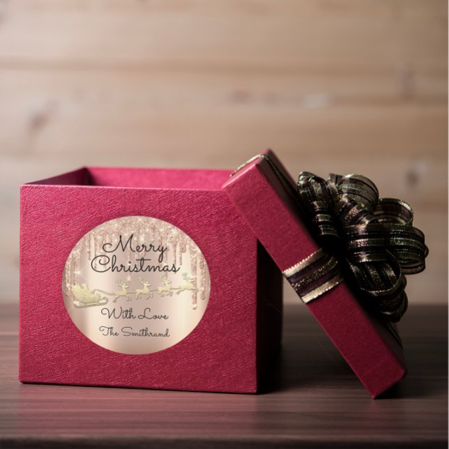 Adesivo Merry Christmas Tree Name Rosa Dourado Sleigh Driv (Merry Christmas Tree Name Rose Gold Sleigh Drips Classic Round Sticker)