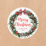 Adesivo merry christmas vintage wreath ornings red chic<br><div class="desc">deco de fundo por freepik.com merry christmas watercolor wreath com ornamentos metálicos coloridos e mensagem de caligrafia vermelha,  Classic Round Sticker</div>