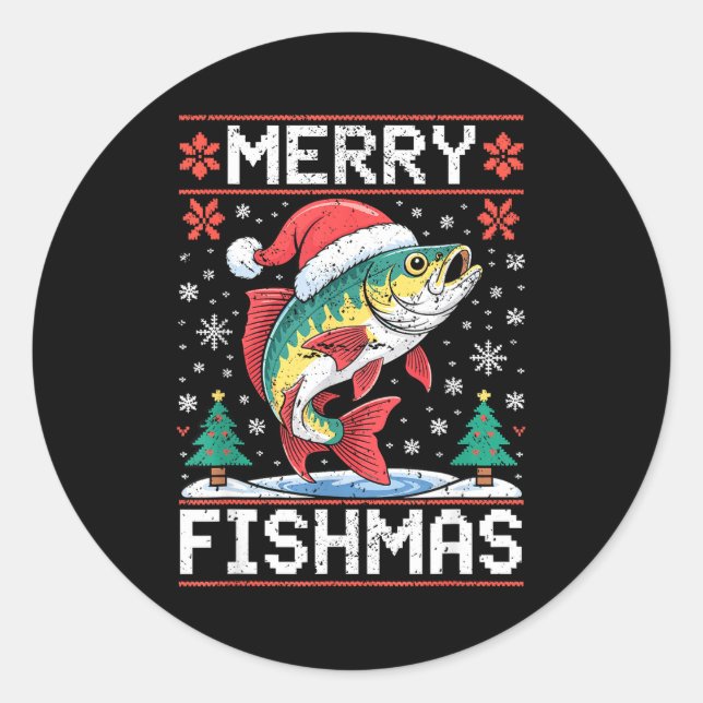 Adesivo Merry Fishmas Ugly Christmas Sweater Fishing Lover (Frente)