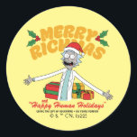 Adesivo Merry Rickmas and Happy Human Holidays<br><div class="desc">Celebrate Rickmas with this festive Santa Hat Rick with presents that reads: "Merry Rickmas and Happy Human Holidays. Giving the Gift of Adventure. 100 Years Forever".</div>