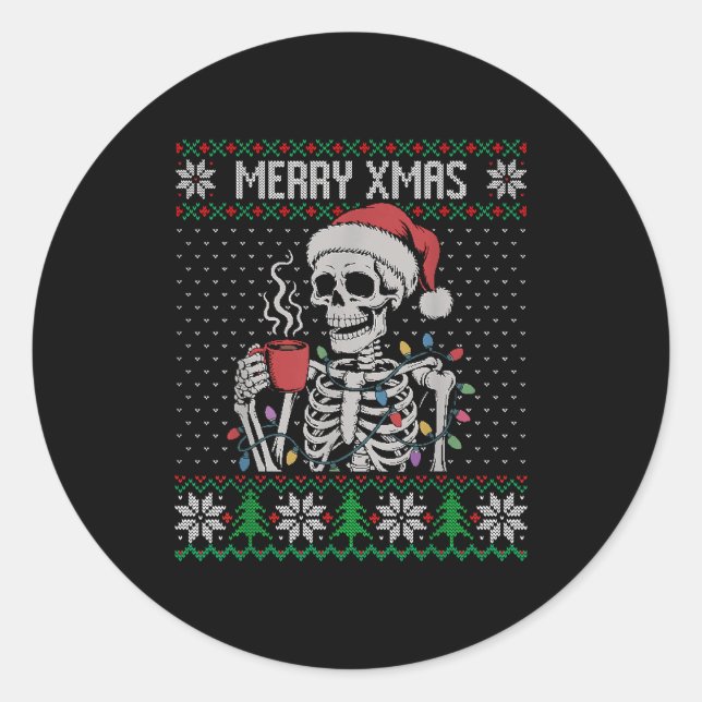 Adesivo Merry Xmas Skeleton Ugly Sweater, Skull Wearing Sa (Frente)