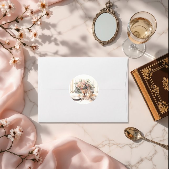 Adesivo Mesa posta romântica de casamento com dinheiro ant (Elegant Old Money Romantic Tablescape Wedding Classic Round Sticker)