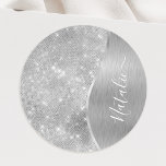 Adesivo Metálico Personalizado Da Glitter De Prata Glam<br><div class="desc">Personalize facilmente este metal escovado prateado e um adesivo com padrão de brilho falso glamouroso com seu próprio nome personalizado.</div>