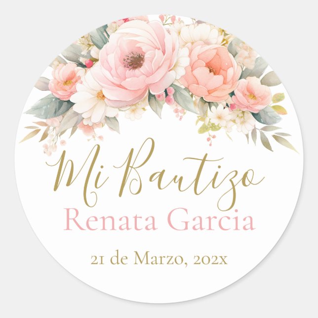 Adesivo Meu Batismo flores rosas (Frente)