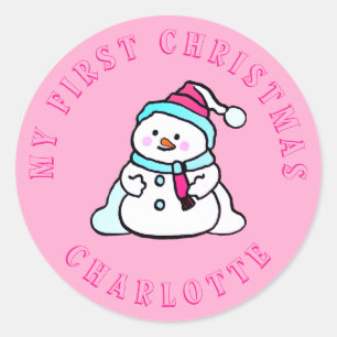 Adesivo Meu Primeiro Natal   Rosa Personalizado de Neve