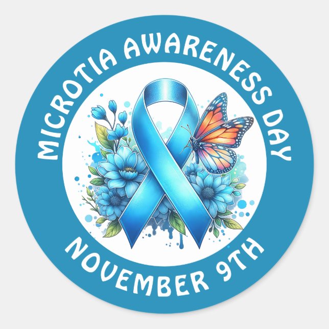 Adesivo Microtia Blue Awareness Day Ribbon and Butterfly (Frente)