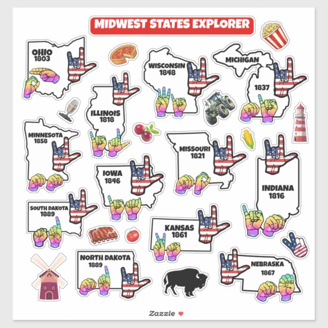 Adesivo Midwest Learning Map – ASL & State Symbols (Folha)