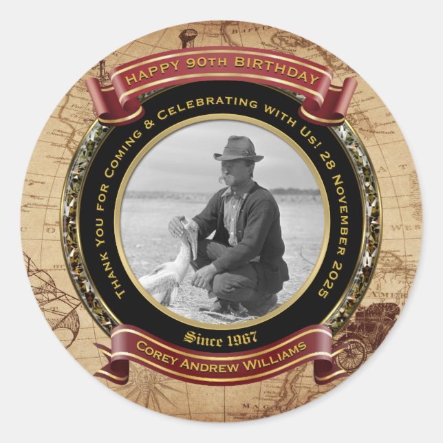 Adesivo Milestone Birthday Dourado Photo Vintage Map 90 (Frente)