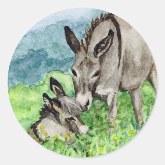 Adesivo Miniatura Donkey Mamãe e Baby Watercolor Art (Frente)