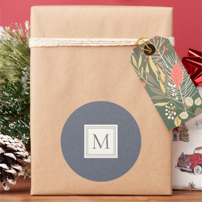 Adesivo Mínima Elegante Cinza azul Faux Linen Monograma (Feriado)