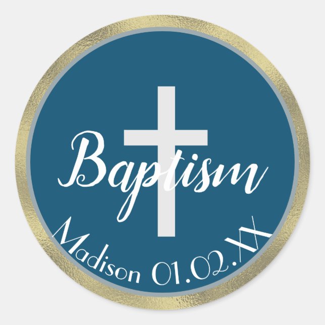 Adesivo Mínima Faux Dourado Baptism Cross Child Name (Frente)