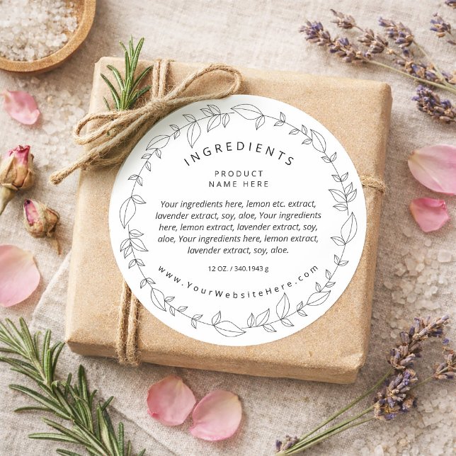 Adesivo Minimal Black and White Wreath Ingredients Label (Simple Modern Asymmetrical Wreath Ingredients Classic Round Sticker)