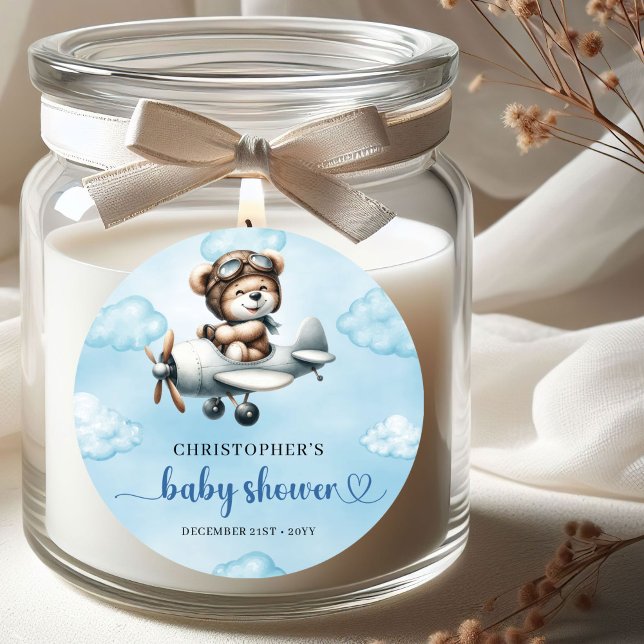 Adesivo Minimalist Teddy Bear Pilot Airplane Blue Brown  (Minimalist Teddy Bear Pilot Airplane Blue Brown Baby Shower Sticker

)