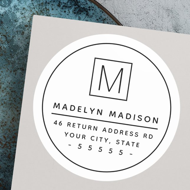 Adesivo Mínimo de endereço branco da borda do Monograma (Monogram thin border minimal white return address classic round sticker)