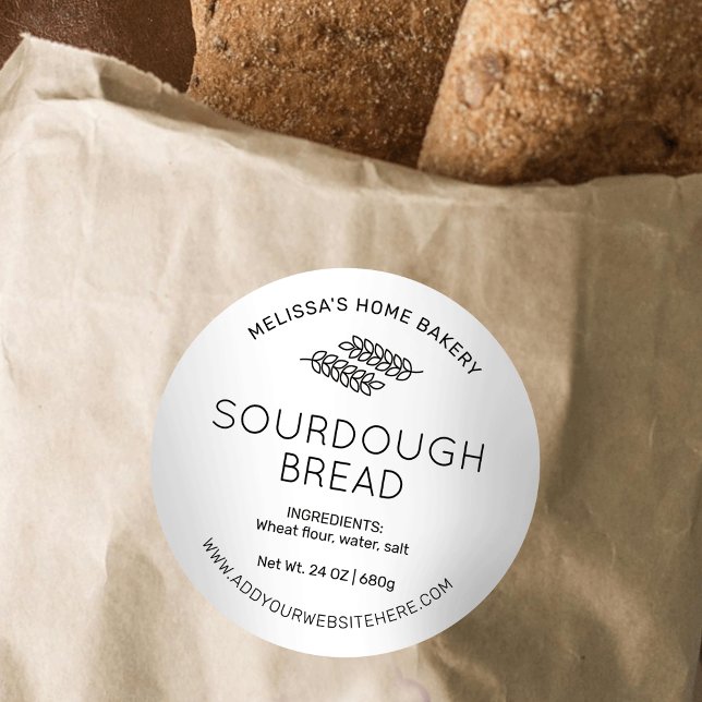 Adesivo Mínimo de Sourdough Bakery Bread Moderno (Modern black and white bread packaging label with wheat icon, stylish font and simple layout)