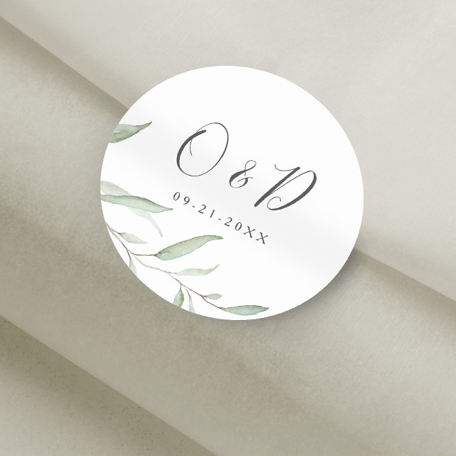 Adesivo Mínimo prêmio de casamento do monograma verde (Minimal greenery monogram wedding favor classic round sticker)