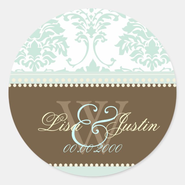 Adesivo Mint Green Damask monograma casamento/fontes DIY+c (Frente)