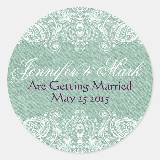 Adesivo Mint Green Faux Linen Burlap & White Paisley Lace (Frente)