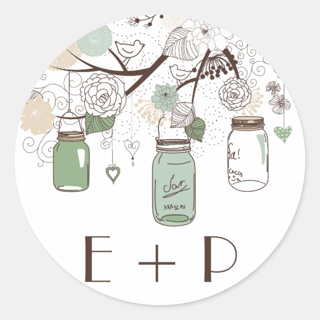 Adesivo Mint Green Mason Jars Monograma de Casamento (Frente)