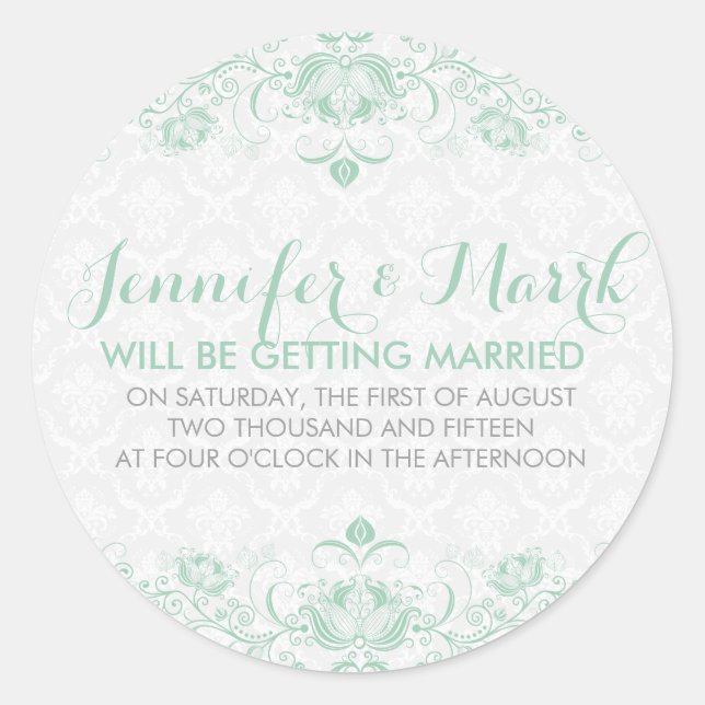 Adesivo Mint-Green & White Damask Save The Date Sticker (Frente)